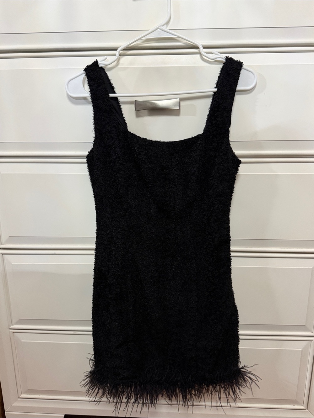 Storia Black Sleeveless Feather-Hem Mini Dress